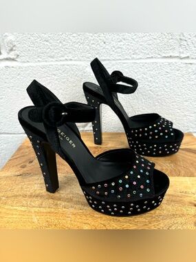 Kurt Geiger Black Suede Platform Heels with Multicolor Crystal Studs